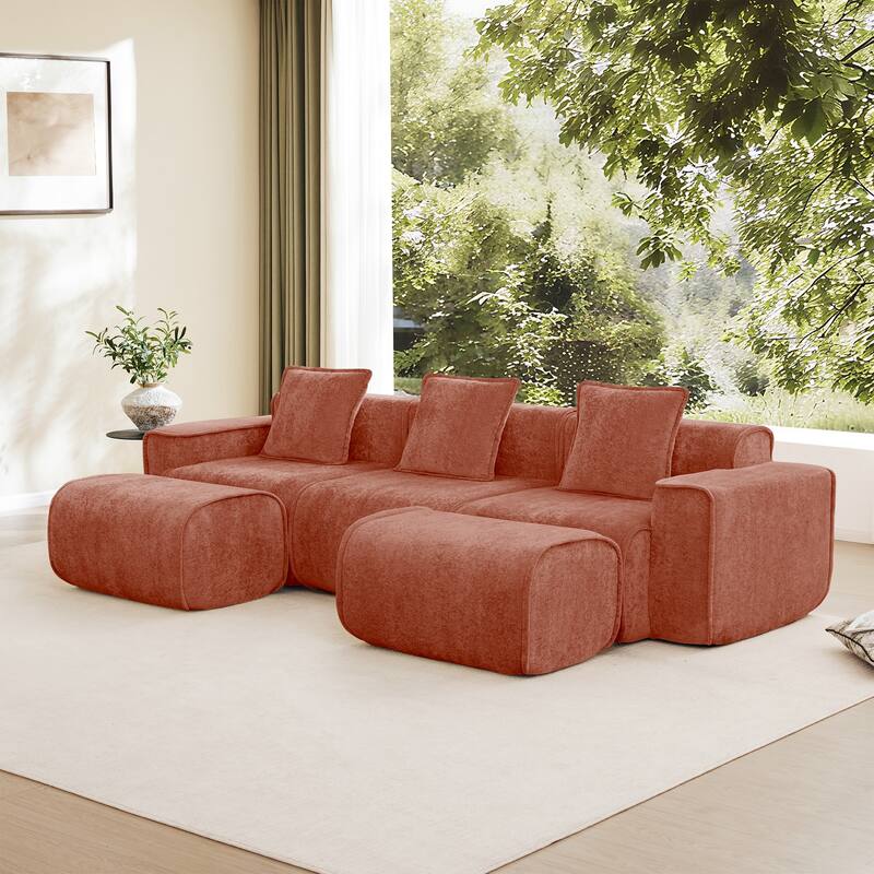 GDFStudio - Streamlined Velvet 3-Seater 108.66" U-Shaped Modular Boneless Sofa with 2 Ottomans