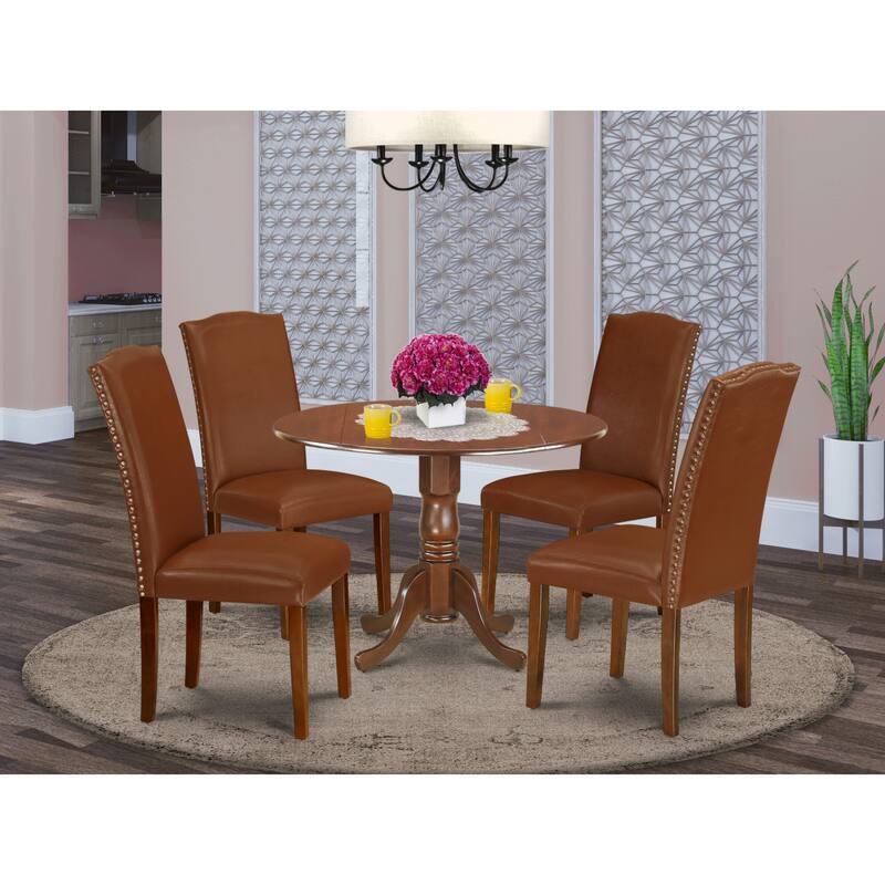 East West Furniture Kitchen Table Set- a Round Table and Brown Faux Faux Leather Dining Chairs, Mahogany (Pieces Options)