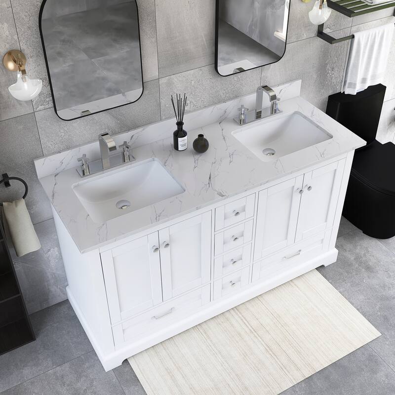 60 inch Plywood Double Sink Freestanding Bath Vanity with White Marble Top - 60" x 22"