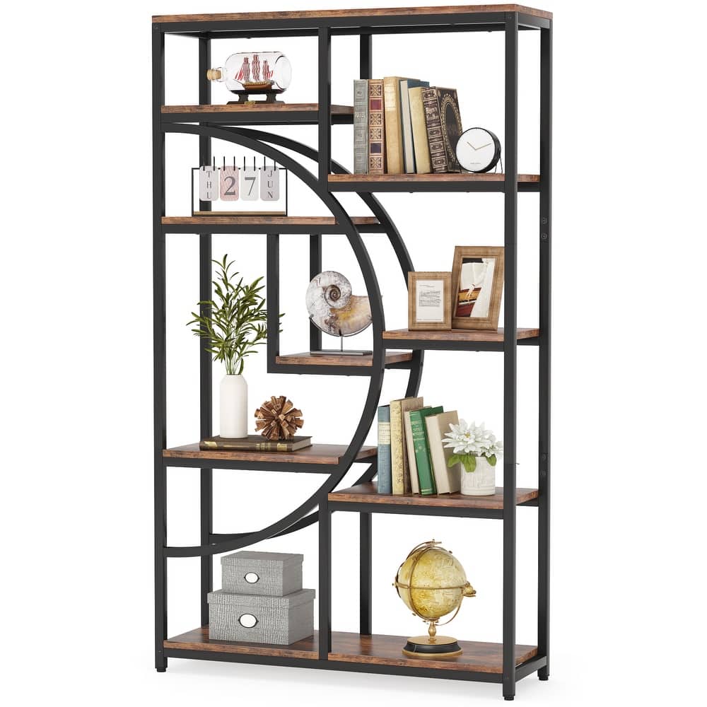 Industrial Etagere Bookcase with 8-Open Storage Shelf, Tall Geometric Book Shelves