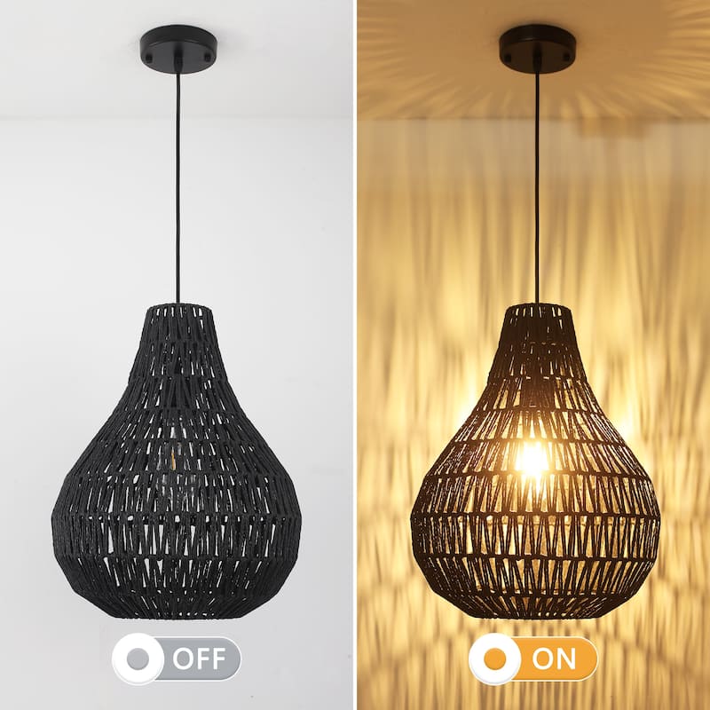 60 -Watt 1-Light Black Shaded Pendant Light with Rattan Gourd Shade, Classic Semi Flush Mount Chandelier for Dining Room