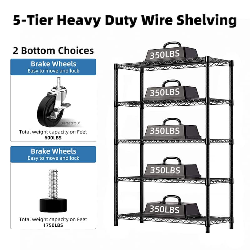 5-Shelf Storage Shelves, Wire Shelving Heavy Duty Metal Storage Shelving Unit Adjustable Garage Shelving Rack