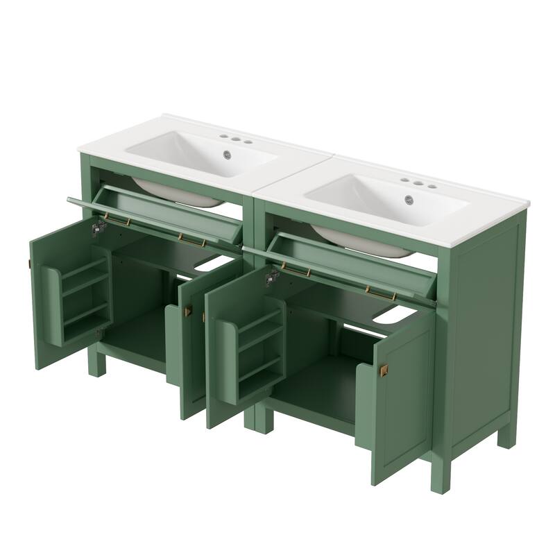 60"Bathroom Vanity Set with Double Vanities (Separate), Double Ceramic Sinks, Adjustable Shelf, Soft Close Doors and Flip Drawer
