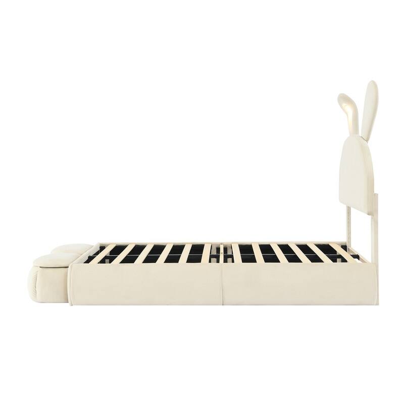 Twin/Full Size Upholstered Platform Bed with Cartoon Ears Shaped Headboard & Light, Cute Kids Bed Frame w/2 Small Storage Stools