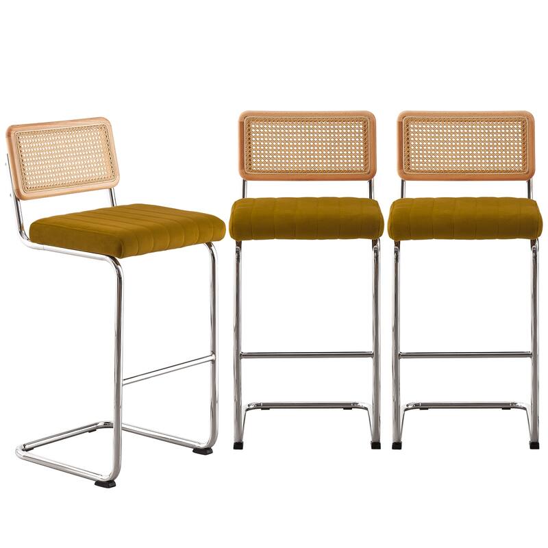 Velvet Upholstered Rattan Counter/Bar Stools, Set of 2/3 - Set of 3 - 30"Yellow