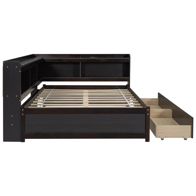 Wooden Platform Sofa Bed Frame with L Shaped Bookcase and Charging Station, Living Room Corner Daybed with 2 Storage Drawers