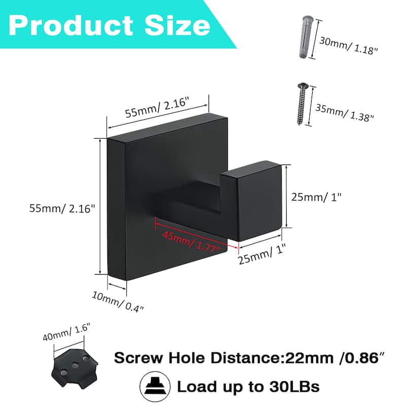 Wall Mounted 4-Piece Towel Hook Square Robe Hooks in Stainless Steel