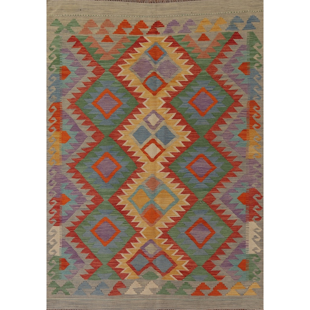 Hand Woven Oriental 100% Wool Carpet Southwestern Geometric Multi-Colored Kilim Area Rug - 6' 8'' X 5' 0''