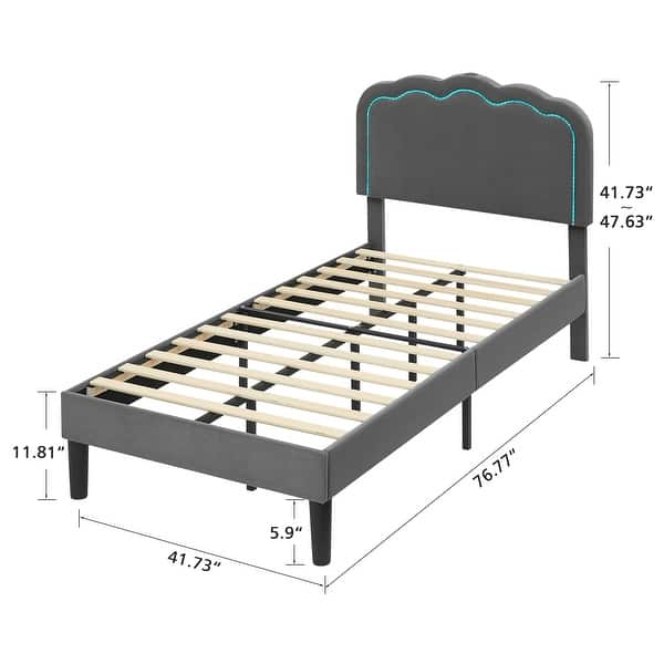 dimension image slide 0 of 2, VECELO Upholstered Platform Kids Bed Frame with Headboard & LED Lights,Twin Size Bed Set of 2