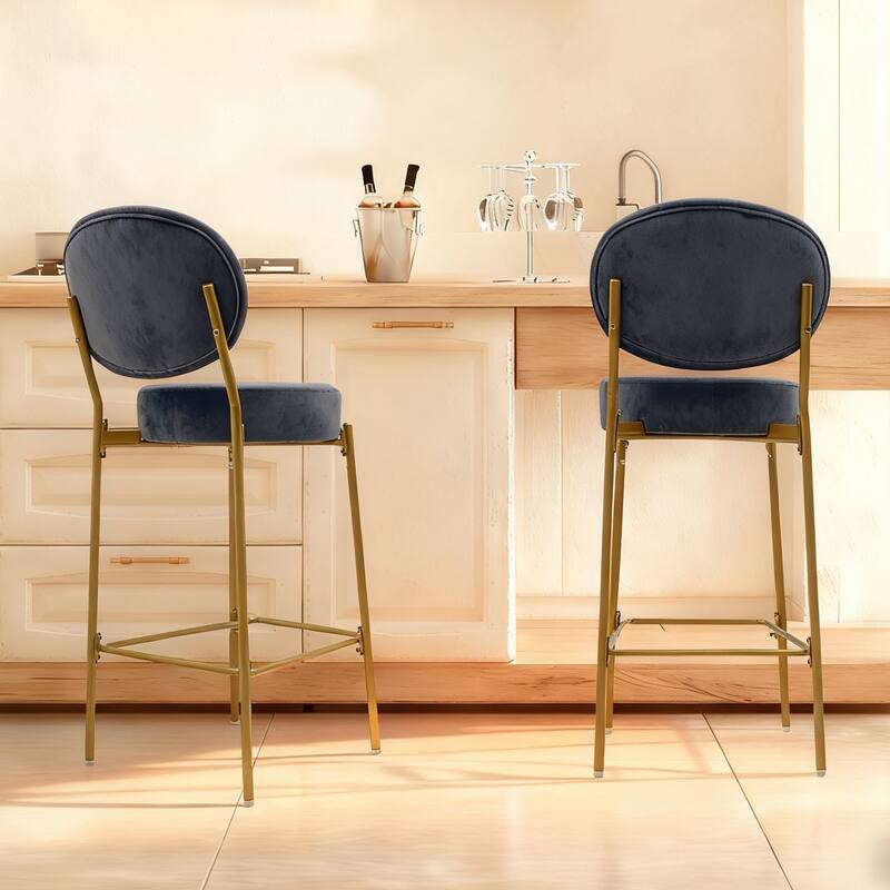 Velvet Upholstered Bar Stools Set of 2, Round Counter Stools with ergonomic Backrest, Breakfast Bar Chairs with Metal Legs