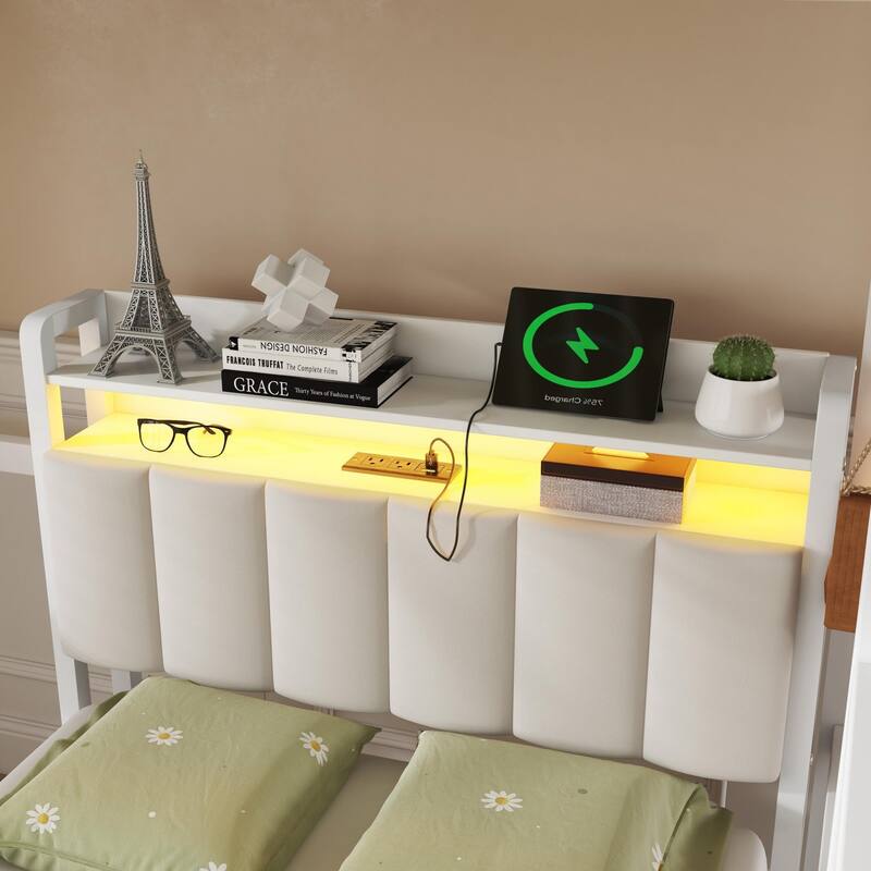 Full over Twin Metal Bunk Bed with Desk,LED and Charge Station,Detachable Metal Bunk Bed