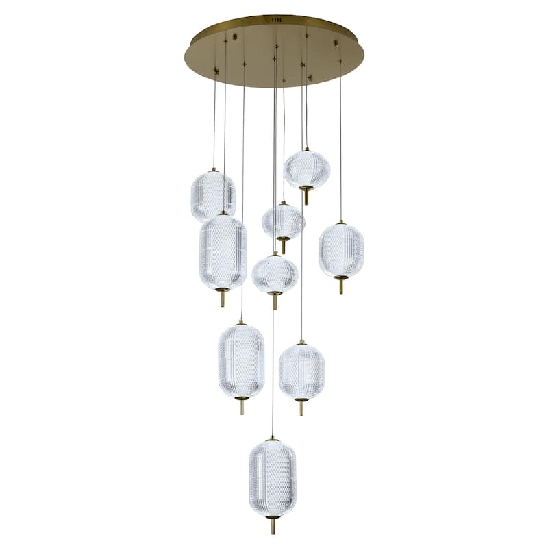 9-Light Flushed Brass Dimmable LED Chandelier With Hanging Clear PC shades