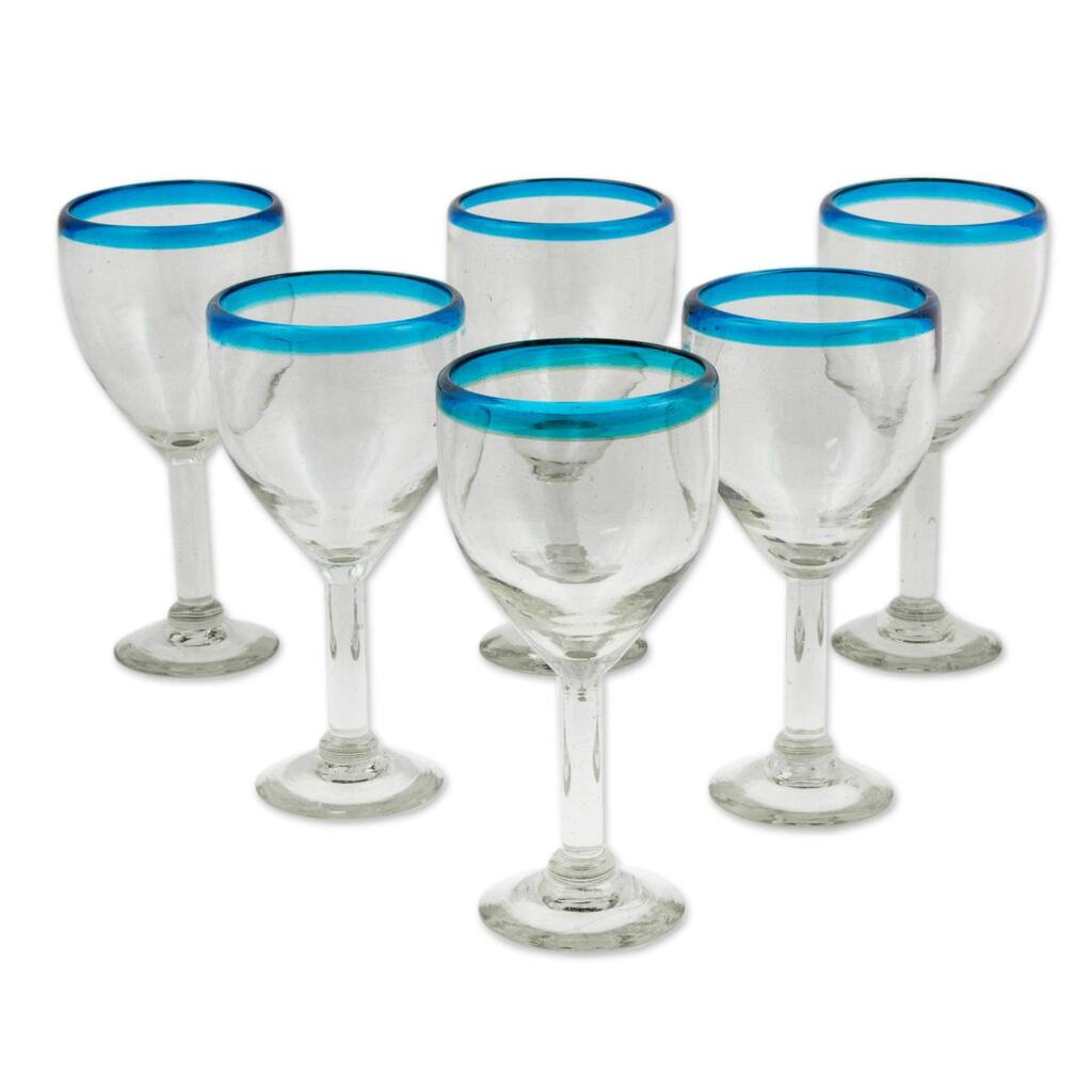 Blown glass wine glasses, 'Aquamarine Kiss' (set of 6)