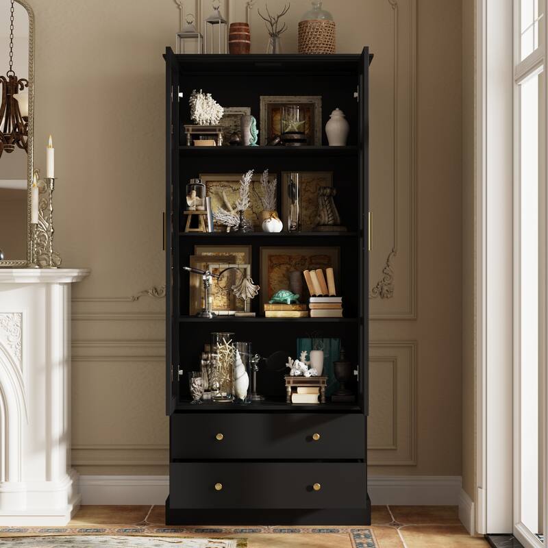 Display Cabinet with Glass Doors Bookcase Accent Living Room Hallway - 70.1"Hx31.5"W
