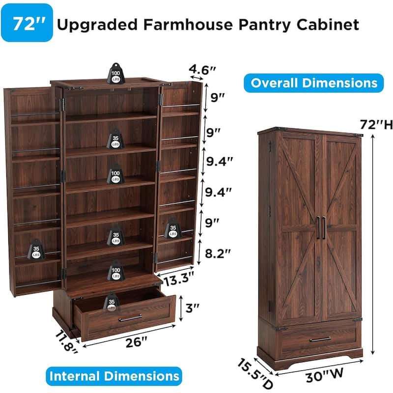72" Farmhouse Kitchen Pantry Cabinet, Tall Storage Cabinet, Cupboard