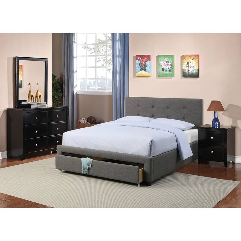 Full Size Modern Bed with Tufted Headboard and Storage Drawer, Grey Polyfiber Finish
