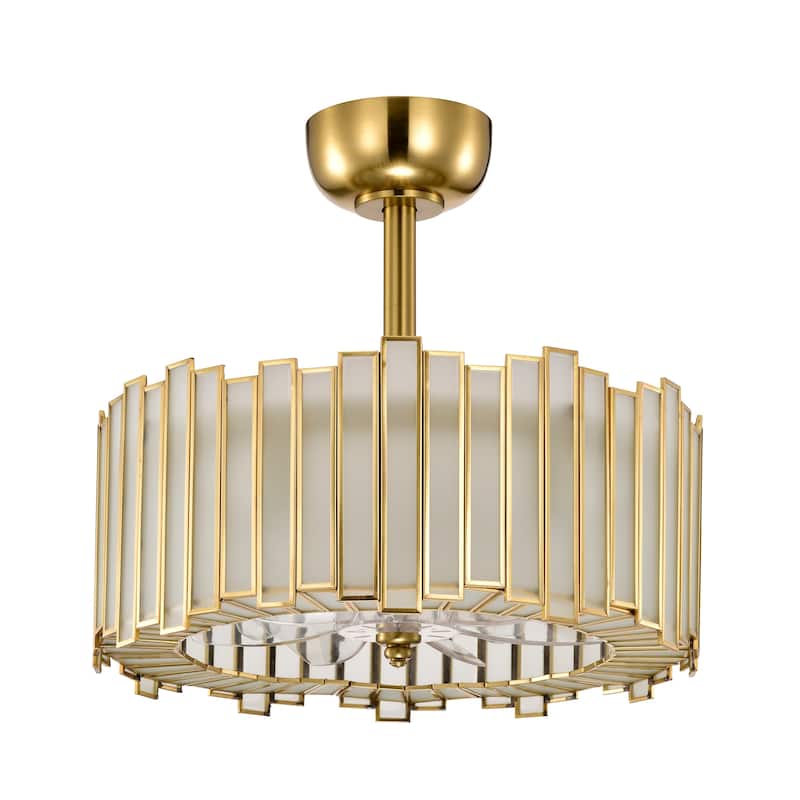 Walda 6-light Brass and Frosted Glass Staggered Panes Fandelier Lighted Ceiling Fan Remote Control - Brass-White