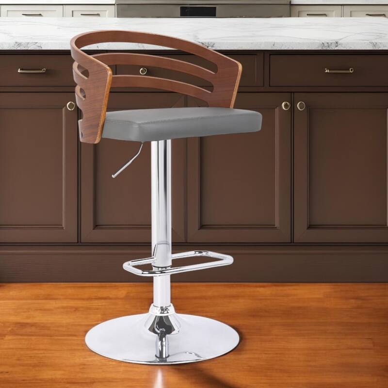 Grey Fabric Adjustable Height Bar Chair with Chrome Base and Swivel Seat - 19” x 19” x 44” (D x W x H)