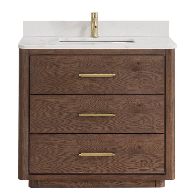 Miseno MV-NM-706536 Porto 36" Free Standing Single Basin Vanity Set - Aged Dark Brown Oak / Fish Maw White