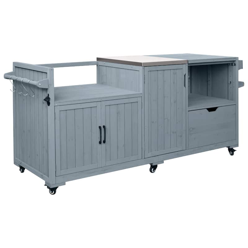 80.5" Solid Wood Outdoor Kitchen Island with Stainless Steel Top, Grill Cart Compatible with Big Green Egg & Blackstone