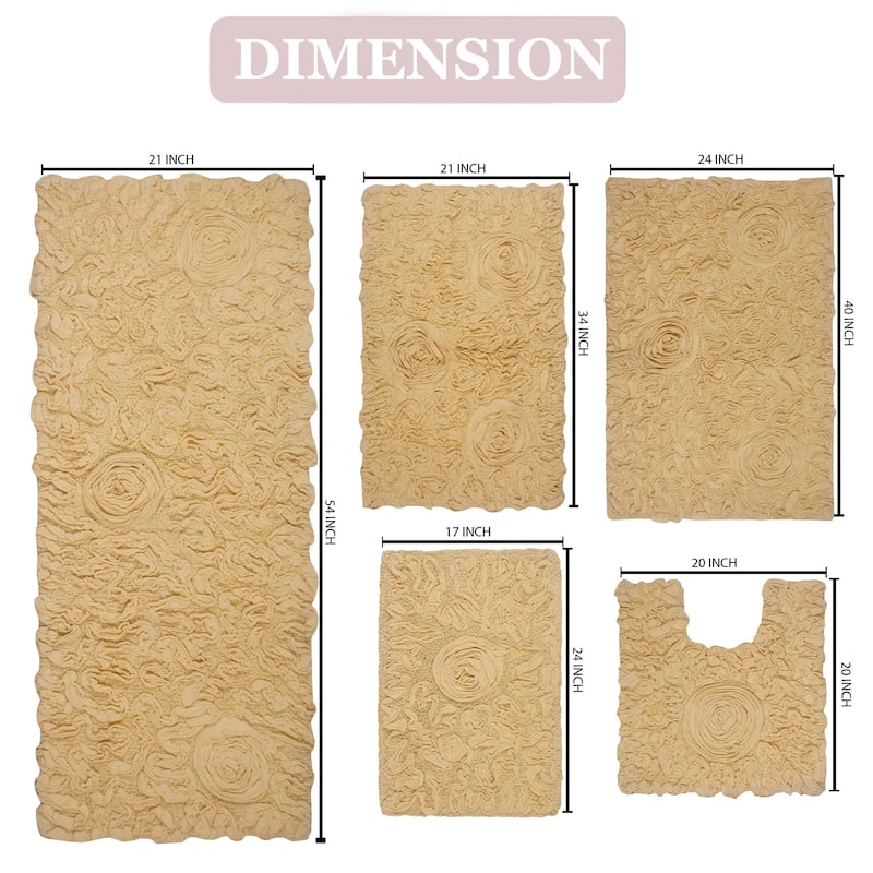 Bell Flower Collection 100% Cotton Non-Slip Bathroom Rug Set, Machine Washable Bath Rug, 5 Piece Bath Mat Set with Runner