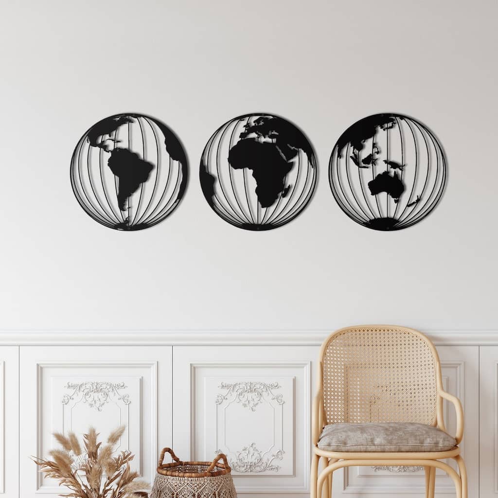 World Map 3 Globes Metal Wall Decor for Home and Outside - 15x15 inches