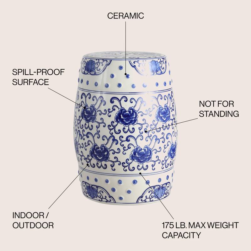 Lotus Flower 17.8" Chinoiserie Ceramic Drum Garden Stool, Blue/White