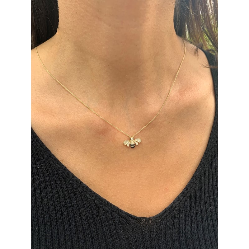 Joelle Collection Diamond Bumble Bee Necklace 14K Yellow Gold - Bee Pendant -