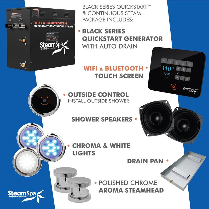 Black Series WiFi and Bluetooth 12kW QuickStart Steam Bath Generator Package with Dual Aroma Pump in Polished Chrome