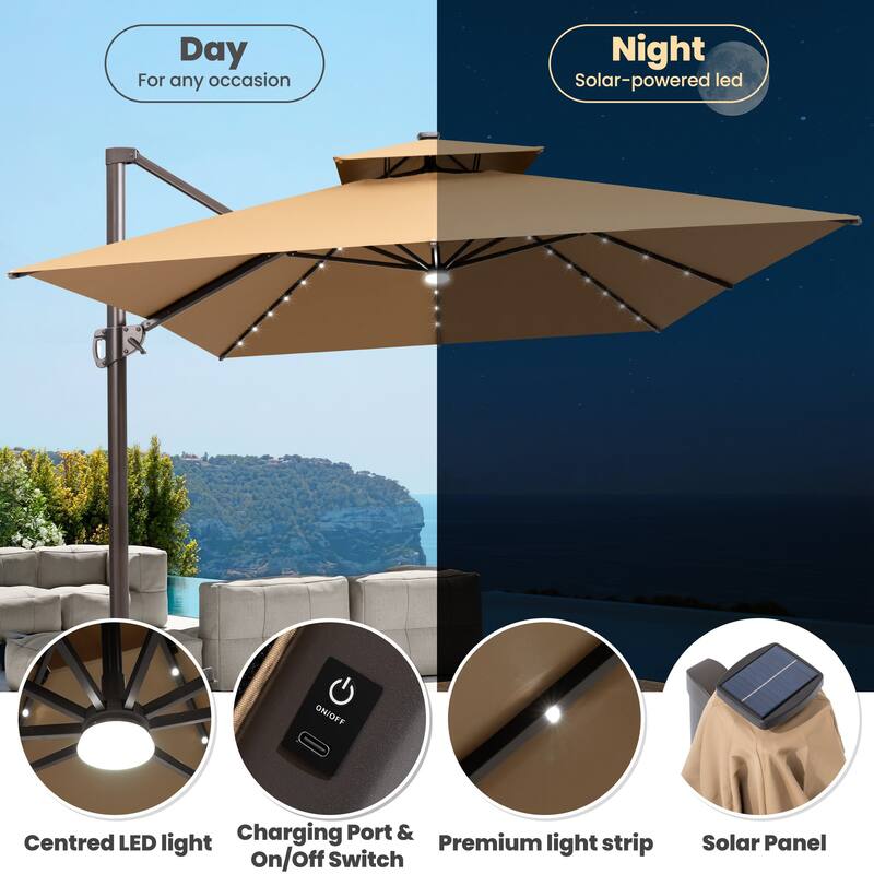 10 FT x 13 FT Outdoor LED Lighted Double Top Patio Cantilever Umbrella with Base Stand