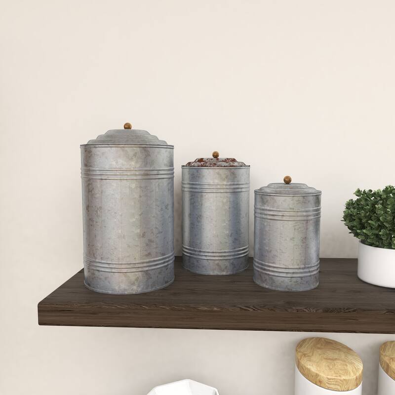 Gray Metal Galvanized Ribbed Living Room Decorative Jars with Gold Ball Knobs (Set of 3)
