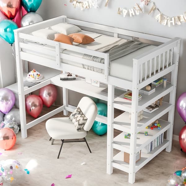 slide 2 of 9, Twin Size Loft Bed With Storage Shelves And Under-bed Desk for Home White