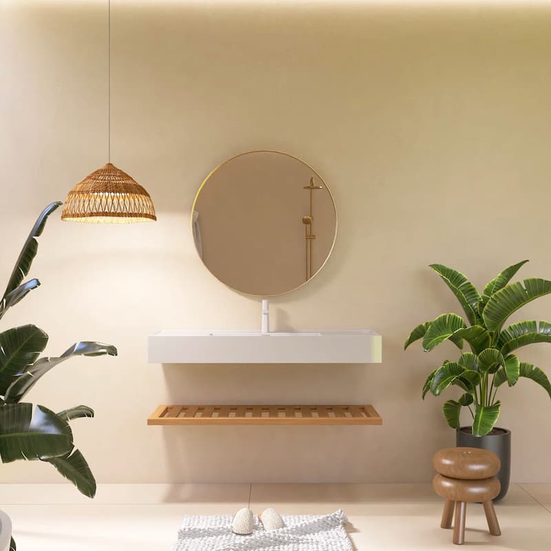 Wall-Mounted Bathroom Vanity in Natural Wood with White Integrated Acrylic Sink