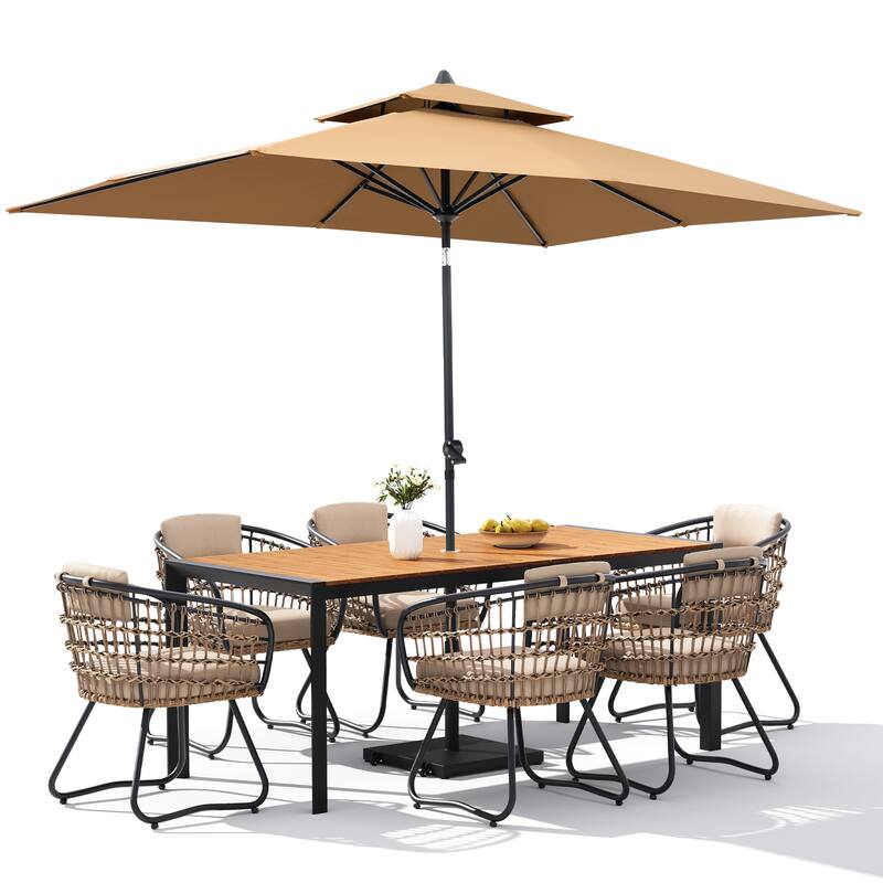 9-Piece Outdoor Patio Dining Set Wood Like Aluminum Umbrella Hole Table with Rattan Chairs, Market Umbrella and Wheel Base