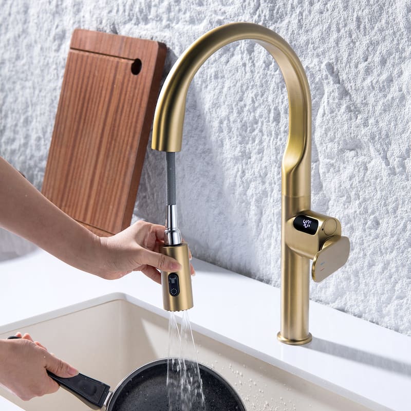 Kitchen Sink Faucet with Pull Down Sprayer, 18.46"H Commercial Kitchen Faucet for Sink, Solid Brass Digital Display