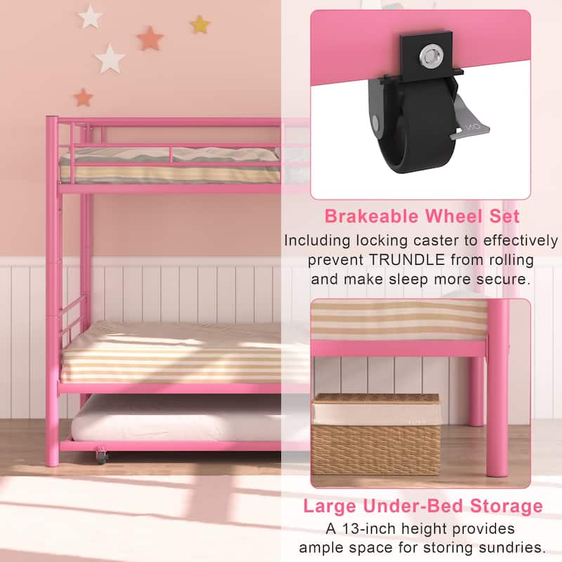 Twin Over Twin Bunk Bed with Trundle, Detachable Twin Bunk Beds w/ 2 Side Ladders & Full-Length Guardrails