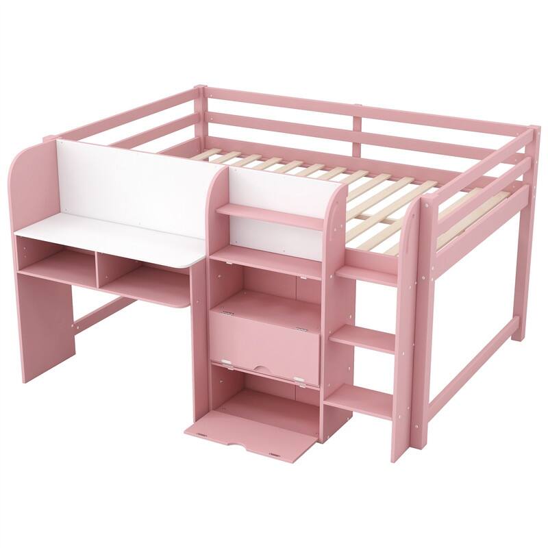 Full Size Low Loft Bed with Bulit-in Desk, Open Bookcase and Storage Cabinets, Wooden Kids Loft Bedframe w/ Graffiti Whiteboard