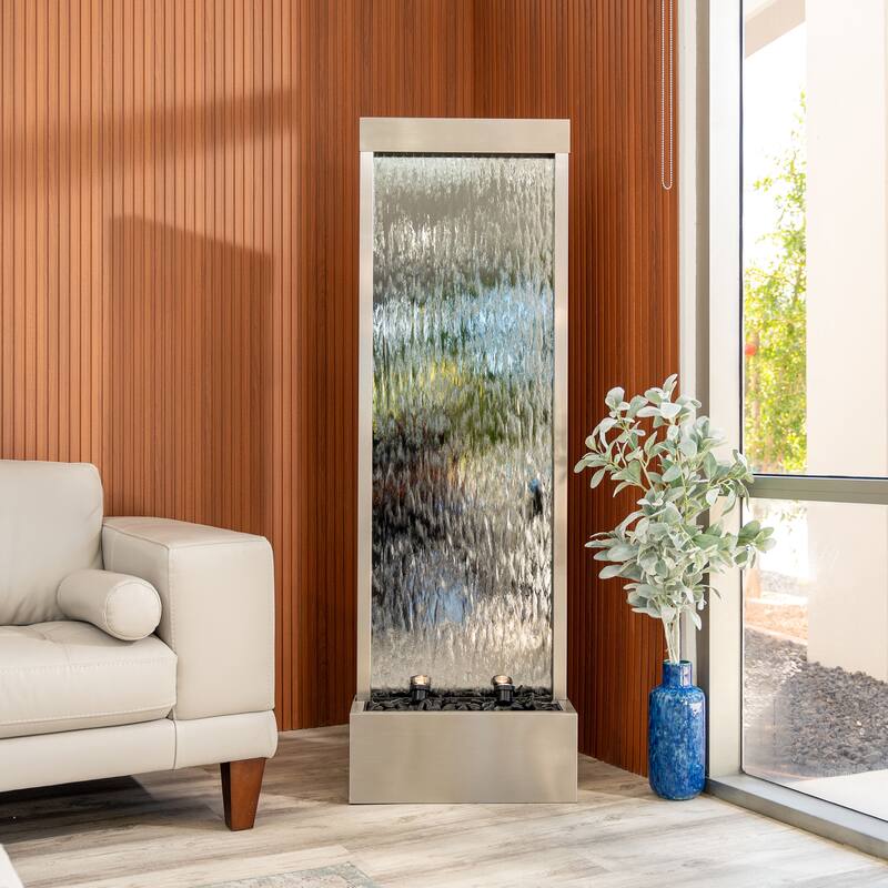 XBrand 68 in H Freestanding Waterfall Fountain, LED Lights & Auto-Shut Off Pump, Stainless Steel/Mirror Glass,Silver Frame