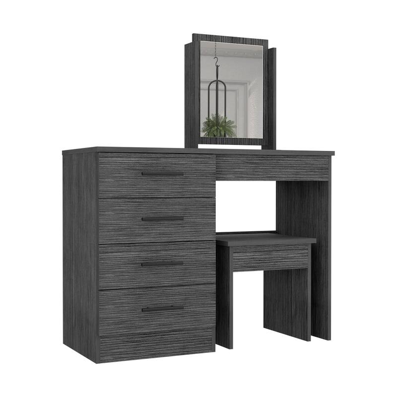 Compact Makeup Dressing Table with Storage Drawers, Mirror, and Stool in Smoke Grey Finish for Modern Bedrooms
