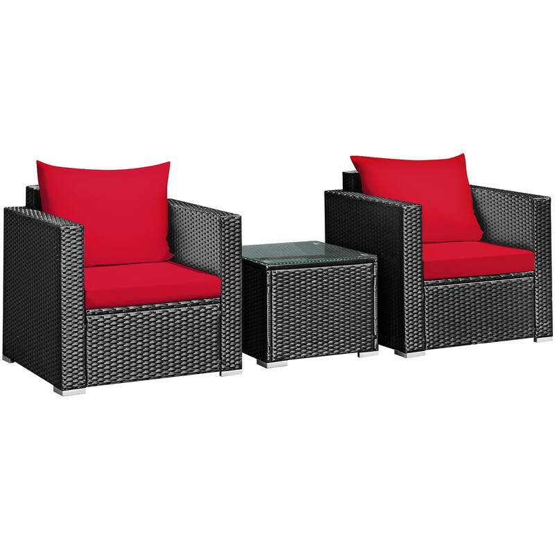 3 PCS Patio Wicker Bistro Set Outdoor Rattan Sofa and Table Set - Red