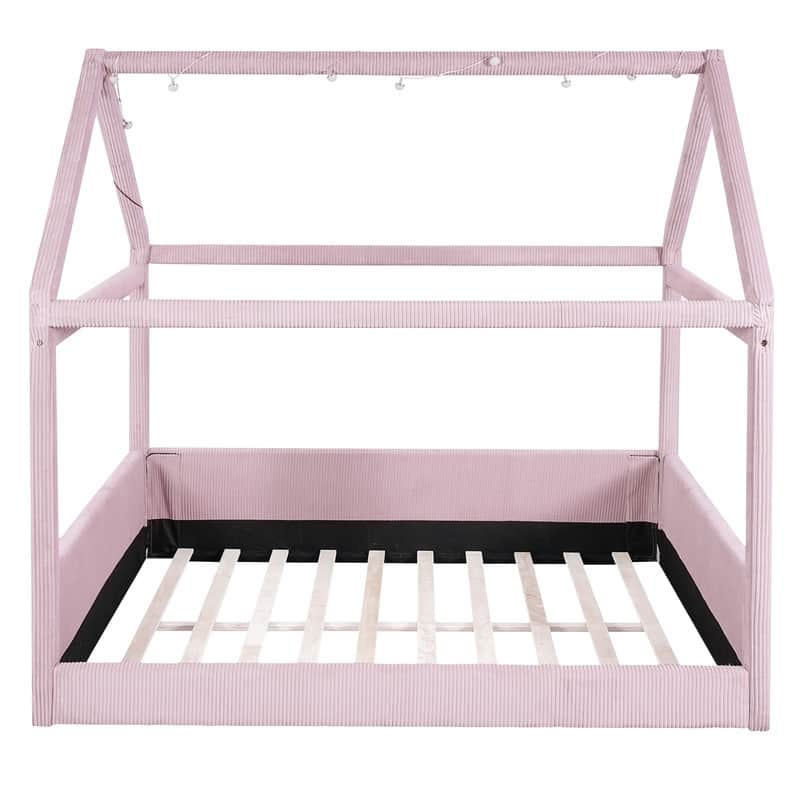 Full Size Upholstered House-Shaped Kids Bed with LED Light Strips, Corduroy Platform Bed Frame Floor Bed