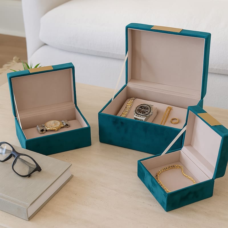 Velvet Hinged Lid Jewelry Storage Box Set - Blue - 9" x 7" x 5" - 9" x 7" x 5" - Blue/ Gold
