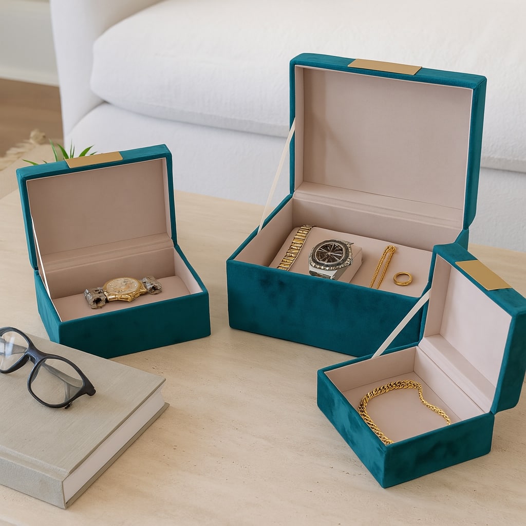 Velvet Hinged Lid Jewelry Storage Box Set - Blue, 7/8/9 in. - 9" x 7" x 5"