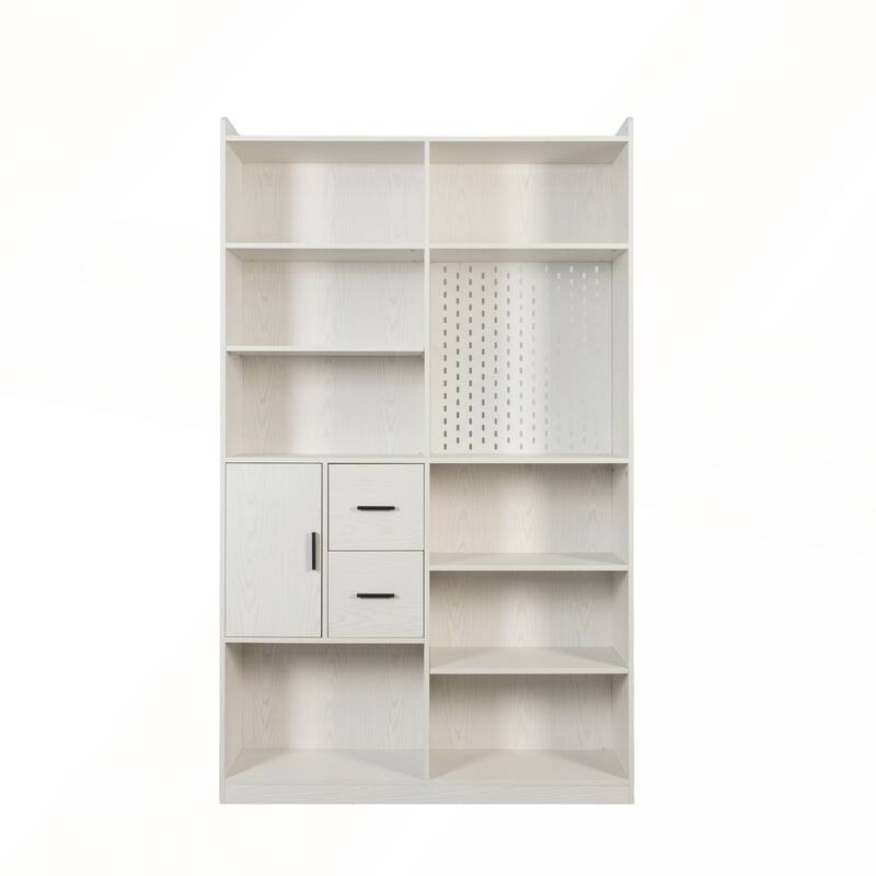 Modern Wide Wood Bookshelf and Bookcase with Pegboard and 9 Cubby Shelves for Living Room
