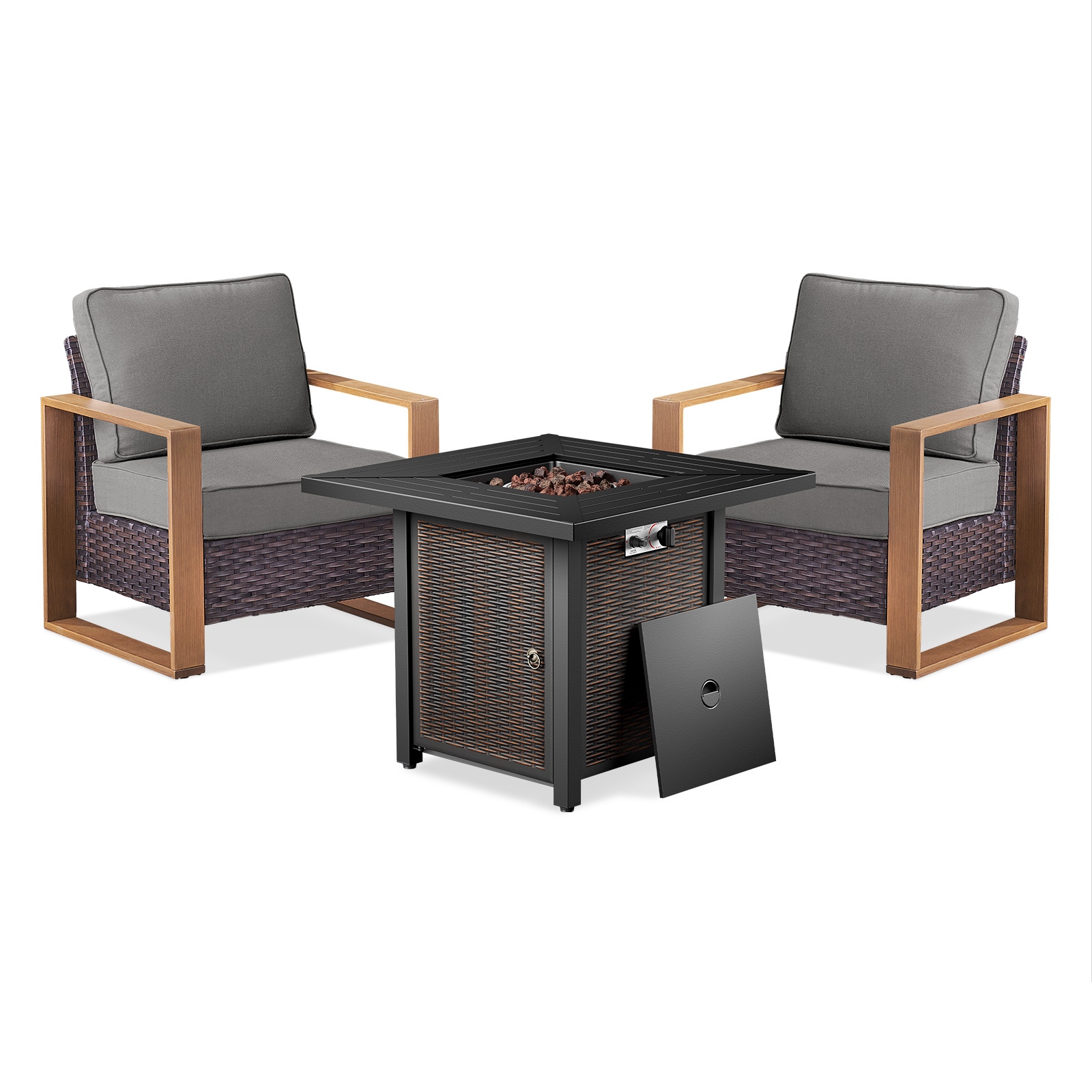 Meyreso 3-Piece Wicker Patio Conversation Set with Metal Fire Pit & Plush 4.5" Olefin Cushions