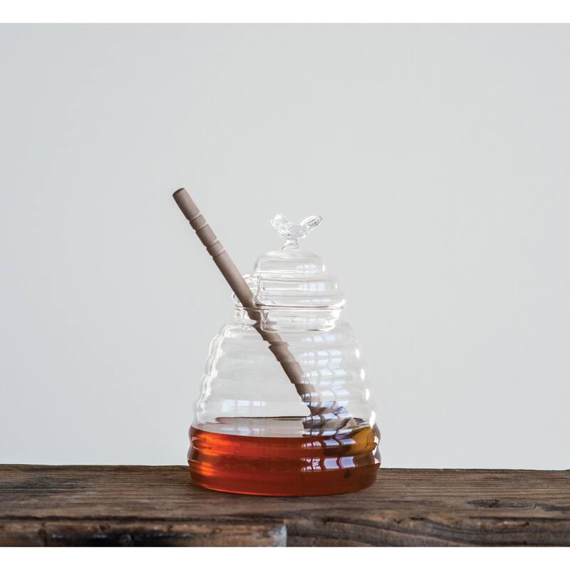 Clear Honey Pot with Lid & Bamboo Dipper (Set of 2 Pieces)