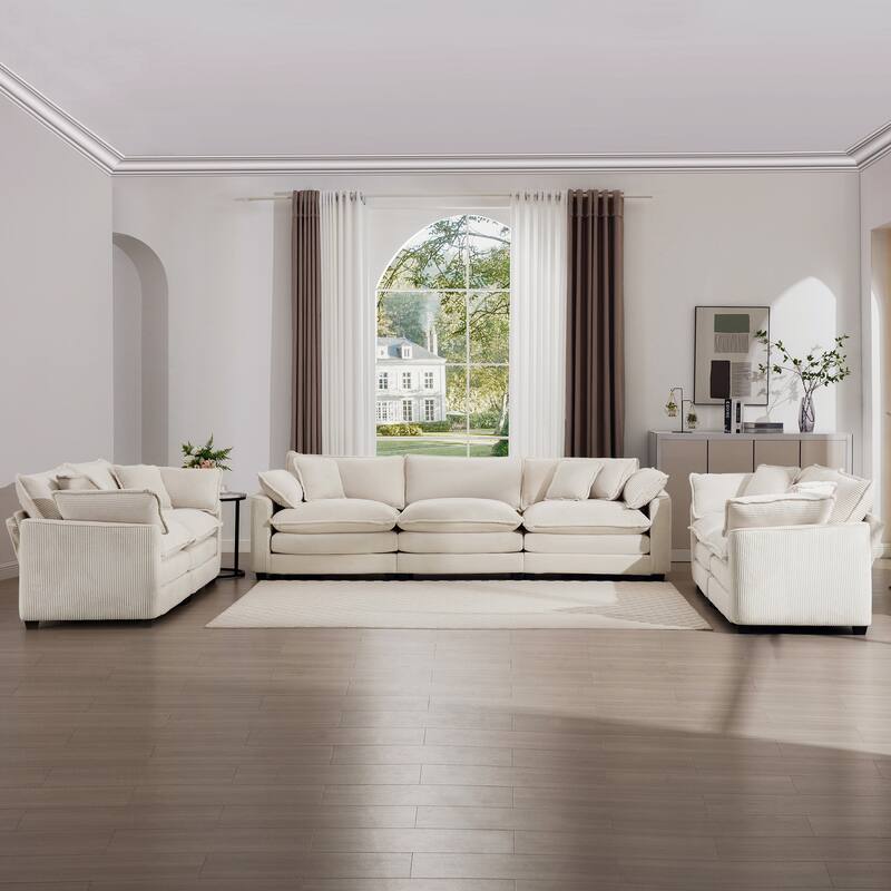 3+2+2 Seater Corduroy Fabric Flexible Combinations Sofa Set with Removable Armrests and Throw Pillows for Livingroom