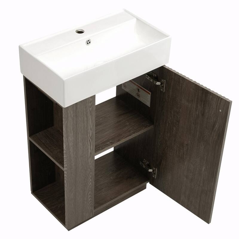 21.6" Bathroom Vanity with Ceramic Sink, Freestanding Modern Wood Grain Cabinet with Open & Closed Storage