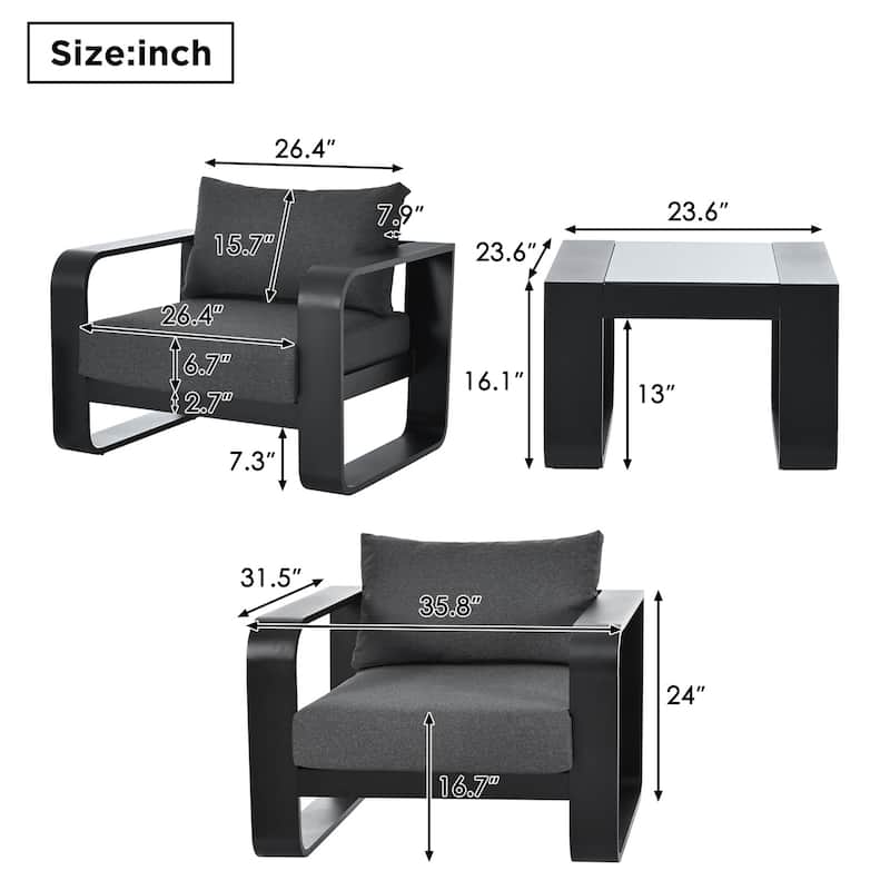 3-Piece Aluminum Outdoor Patio Chairs and Coffee Table Set with Cushions