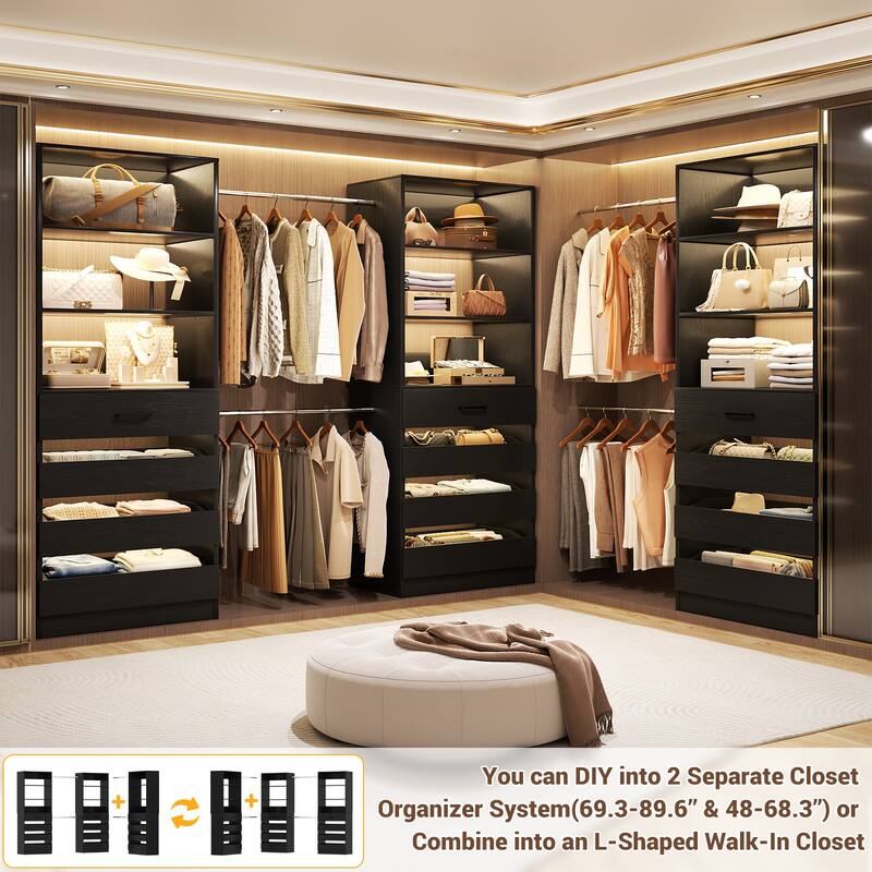 140'' Walk-in Closet Organizer System with 12 Drawers ＆ 4 Hanging Rods, 8.5-11.5FT Wooden Wardrobe Clothes Rack with 3 Towers